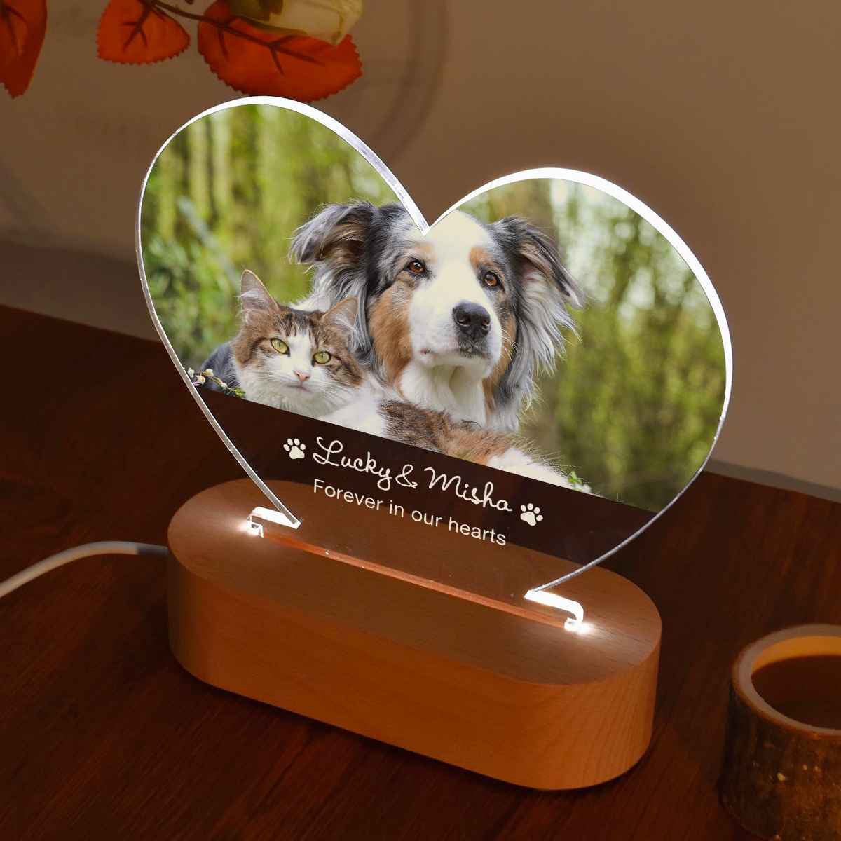 Pet Memorial Custom Acrylic Heart Night Light | Personalized Bedroom LED Decor Sign | Light Up Sign | Gift for Pets