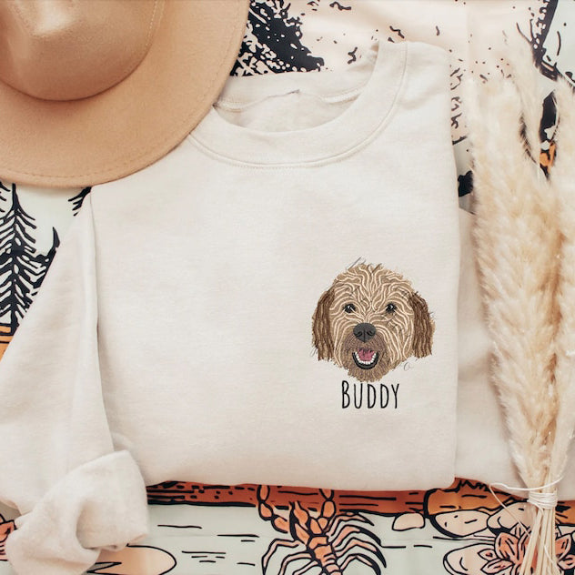 Sudadera con capucha personalizada con cara y nombre de mascota bordada 