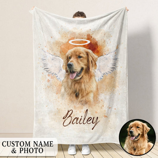 Personalized Pet Memorial Photo Blanket, Pet Loss Gifts, Angel Dog With Wings Blanket